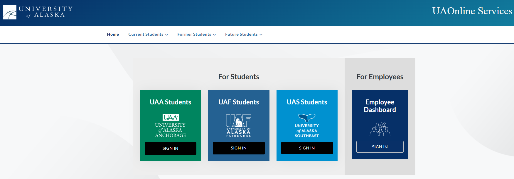 UA online services screen with dhasboard of all UAS, UAF, and UAA options