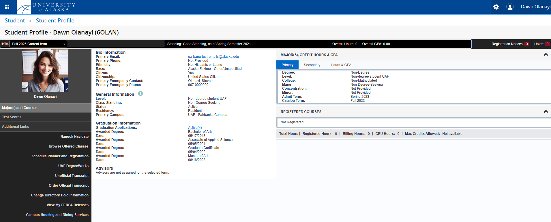 A student profile screen with image of woman and personal information