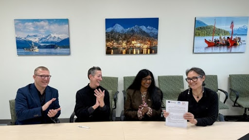 From left, Sealaska Heritage Institute Chief of Operations Lee Kadinger, UAS Dean of Arts & Sciences Carin Silkaitis, UAS Chancellor Aparna Palmer, and Institute of American Indian Arts President Shelly C. Lowe sign the memorandum of agreement to expand Northwest Coast art education opportunities.