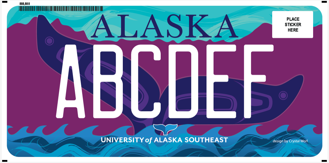 A license plate example for UAS, featuring maroon, blue and teal colors with a whale fluke, the ocean and mountains