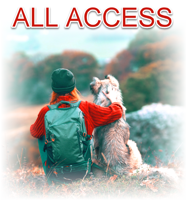 all access in text above a girl with her arm around a dog looking out at a mountain
