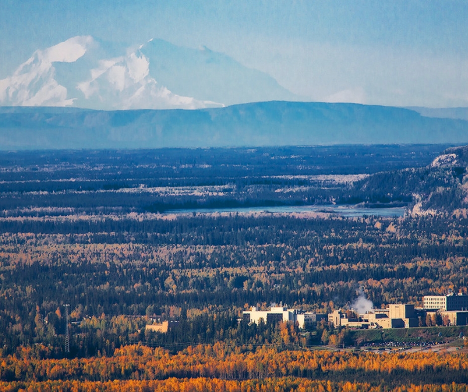 Mount Denali is seen in clear view above the UAF campus in fall.