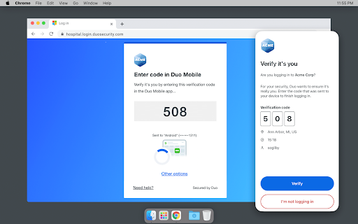 Screenshot of a desktop showing a Duo login prompt requesting a Verified Push, overlaid with an image of a mobile phone displaying the corresponding Duo approval screen