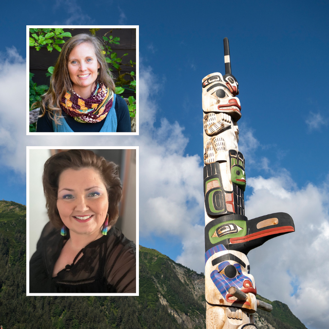 a totem pole and two headshots of two women