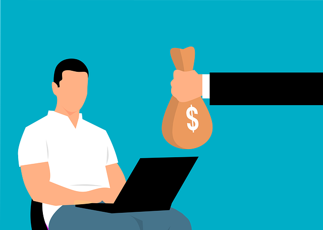 graphic of man sitting in chair with a hand holding a brown bag with a dollar sign on it in front of him
