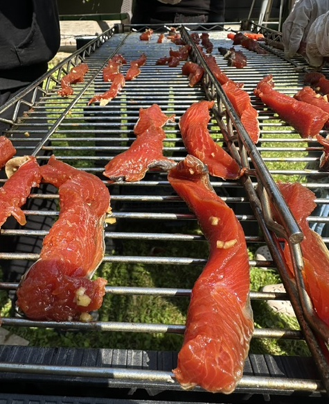 Salmon fillets are arranged on metal racks during a hands-on food preparation activity in the Indigenous health and healing course.