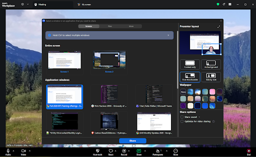 Screenshot of the Zoom Workplace screen-sharing interface during a meeting. A window titled “Select a window or an application that you want to share” displays thumbnails of available screens and application windows. Options for sharing the entire screen or individual applications appear in the center of the screen, with one application window selected and outlined in blue. A presenter layout panel on the right includes controls for content positioning, virtual backgrounds, wallpapers, and screen-sharing settings. A blue “Share” button is displayed at the bottom center, and meeting controls such as Mute, Video, Record, Share Screen, and More are visible along the bottom toolbar.