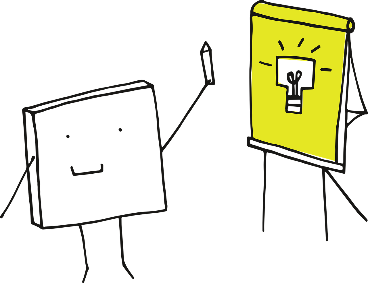 A piece of paper as a cartoon character holds a pencil in front of a drawing of a lit lightbulb