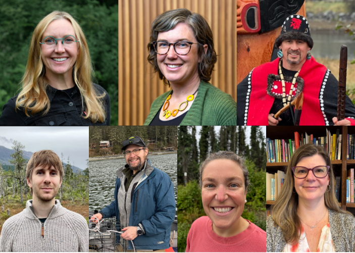 Composite image featuring seven new University of Alaska Southeast faculty members. The collage includes individual portraits of seven people in a variety of settings, including outdoor locations, an office or library, and areas near water and wooded landscapes. The portraits are arranged in two rows against different backgrounds.