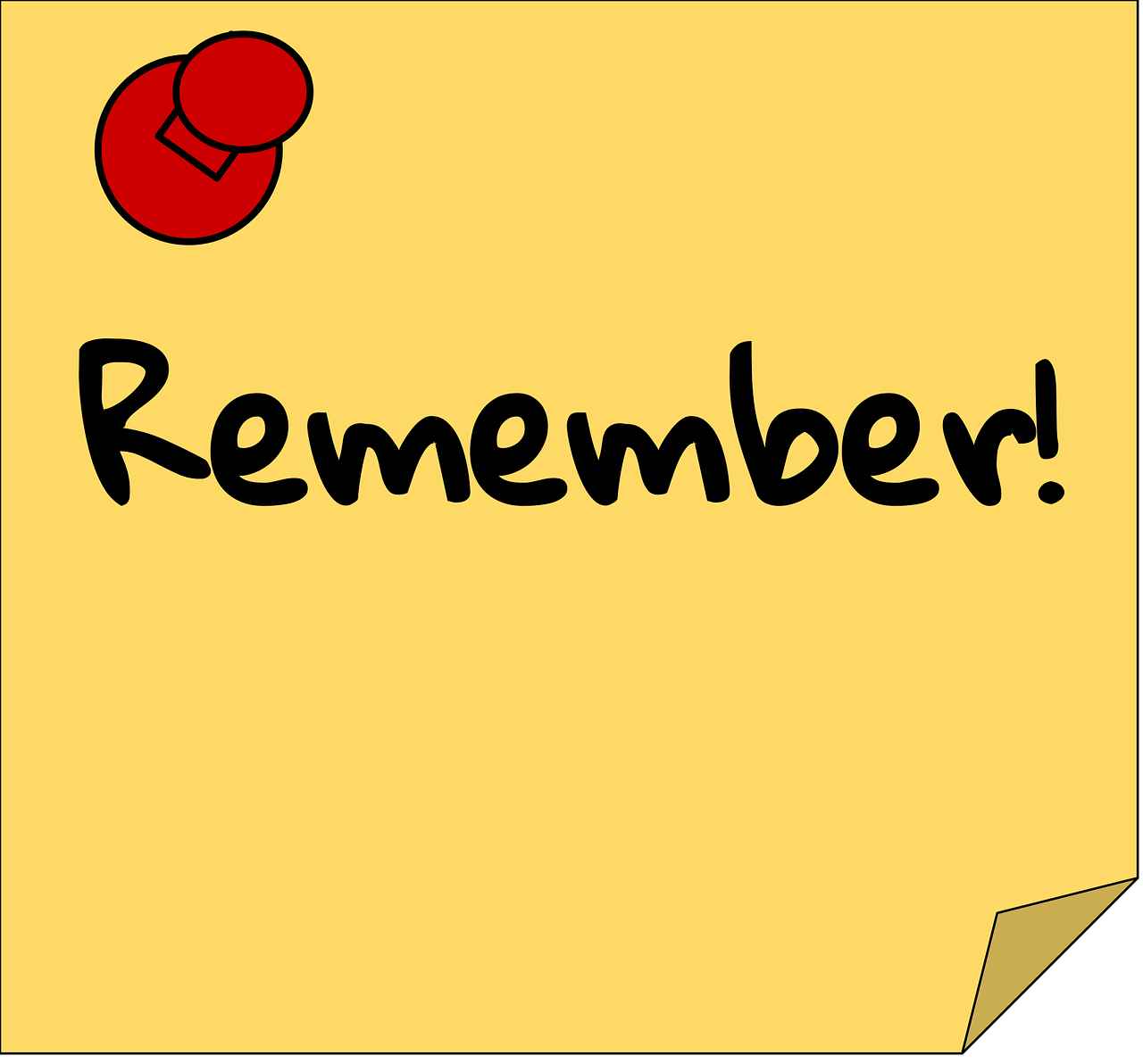 Yellow Post It Note with a red push pin and the words