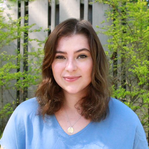 a woman with straight brown hair and a blue blouse