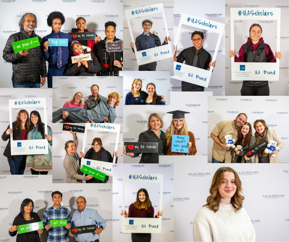 collage of many UA Scholars pose at the photobooth at 2023 celebrations across the state