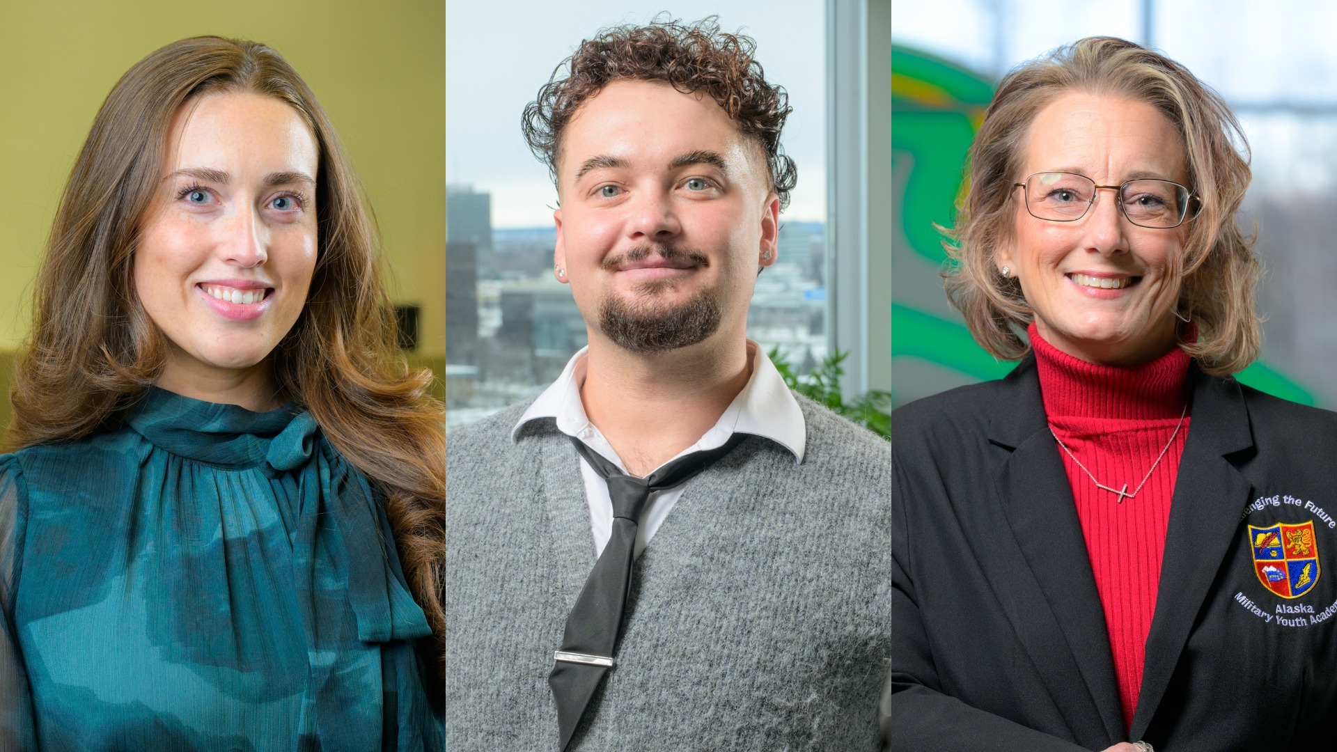 three portraits of two women and one man