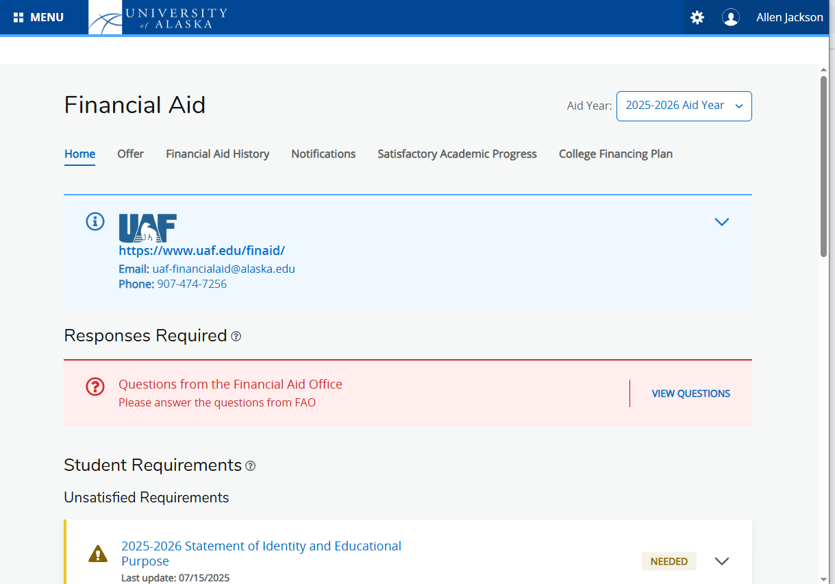 screenshot of the new page for financial aid on UAOnline