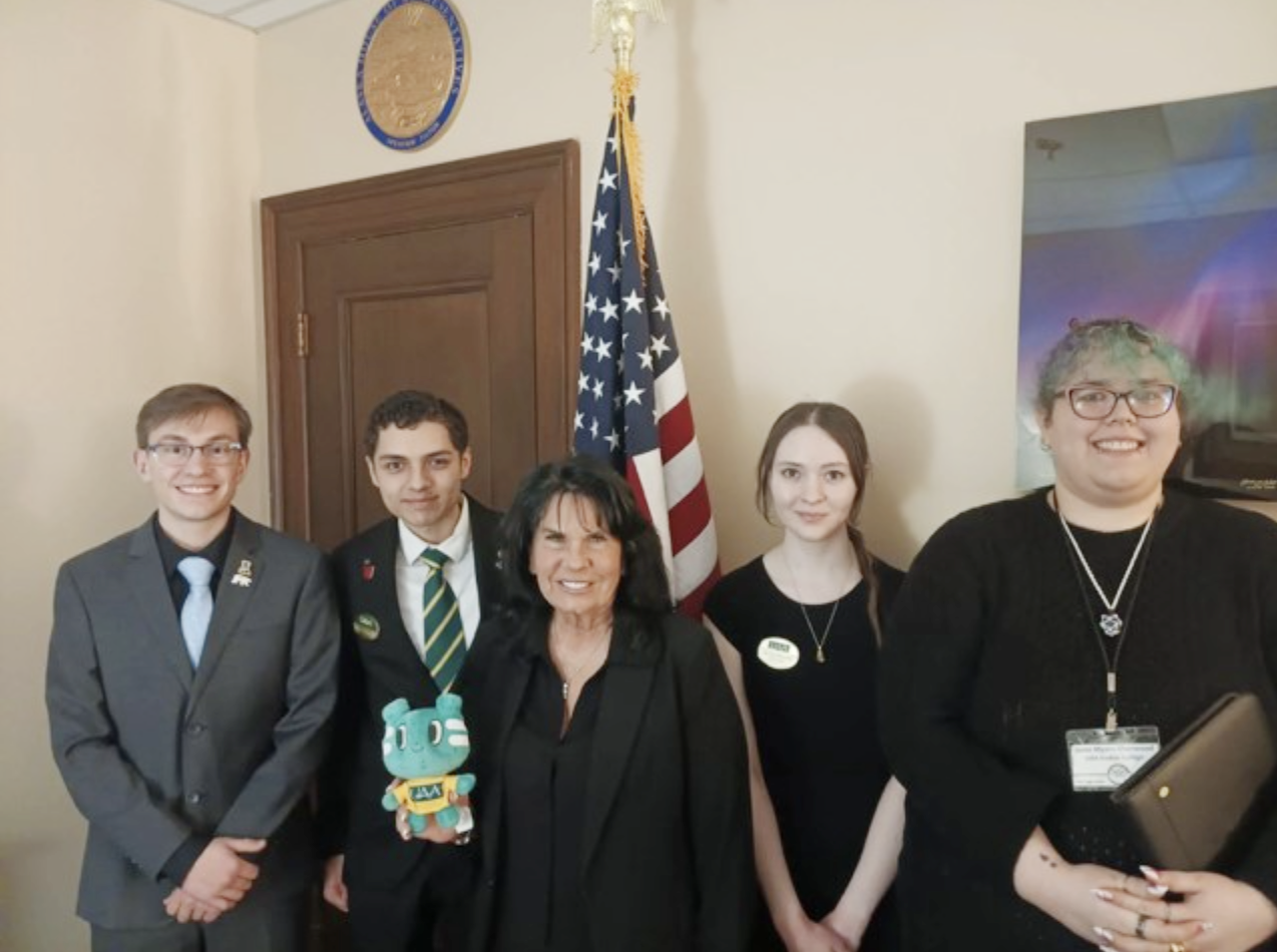 Coalition of Students Leaders Visit Capitol  Alaska’s future and present leaders (from left to right): Jackson Nelson, Arel Gutierrez, Senator (and former Speaker of the House) Tilton, Jessica DeRocher, Jonni Myers