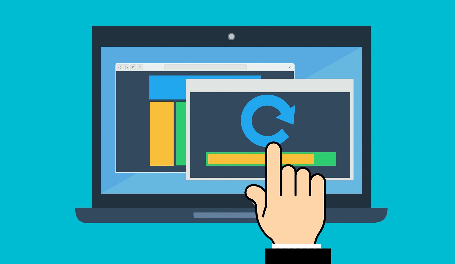 a laptop screen graphic with a refresh image and a finger pointing at the screen