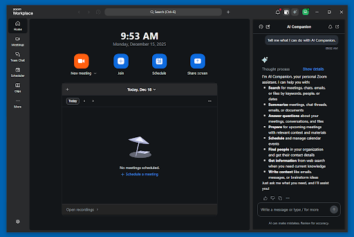 the zoom ai companion panel visable on right side of workspace app