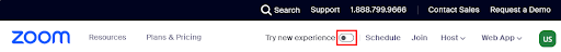 Screenshot of the Zoom website navigation bar. A highlighted toggle switch labeled “Try new experience” appears near the top center of the page, outlined in red to draw attention to it. The navigation menu also includes links for Resources, Plans & Pricing, Schedule, Join, Host, and Web App. The Zoom logo is displayed on the left, and search, support, contact, and account options appear in the top-right corner.