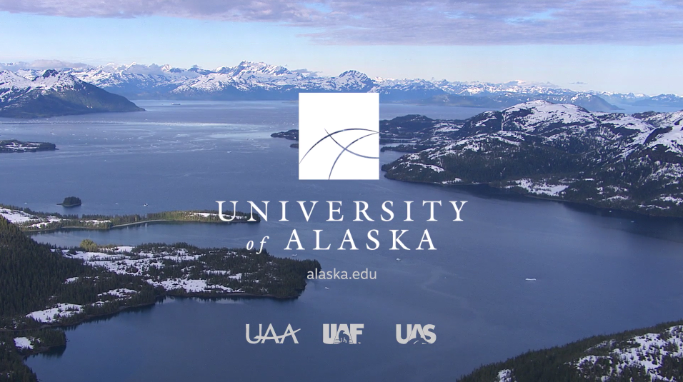 UA logo and three university logos over aerial image of Alaska