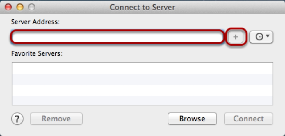 Connect to server window. A prompt to type in server address is circled, and a plus button is circled on its right. The larger text box below it is labeled as favorite servers.