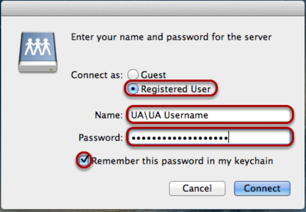 Mac window prompt for entering UA followed by a slash and UA username, and password. There are two buttons, connect as guest or as a registered user, which is circled. A text box for UA followed by a slash and UA username and a text box for password are circled. Underneath is a circled checkbox to remember the password in your keychain.
