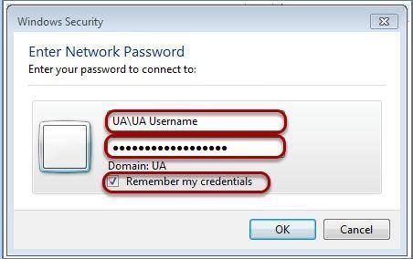 Windows security window asking for network password. Two text boxes are circled with UA followed with a slash and UA username at top, password at middle, and on the bottom a checkbox to remember credentials is circled.