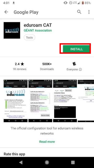 Google play store install page for eduroam CAT. A green install button is circled on the right.