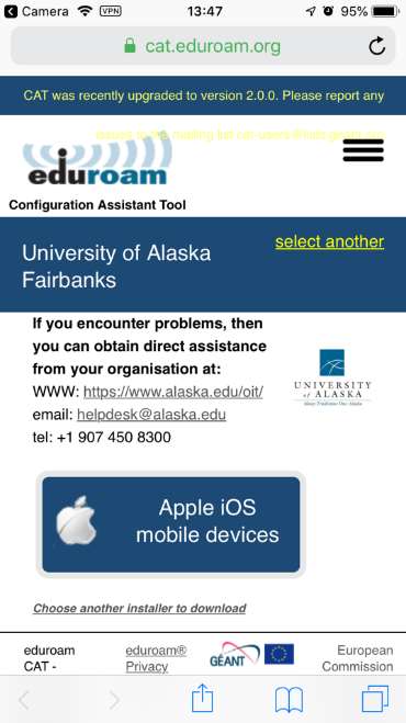 The webpage at cat.eduroam.org. Below two blue headings is a blue button with the apple logo and text reading apple ios mobile devices.