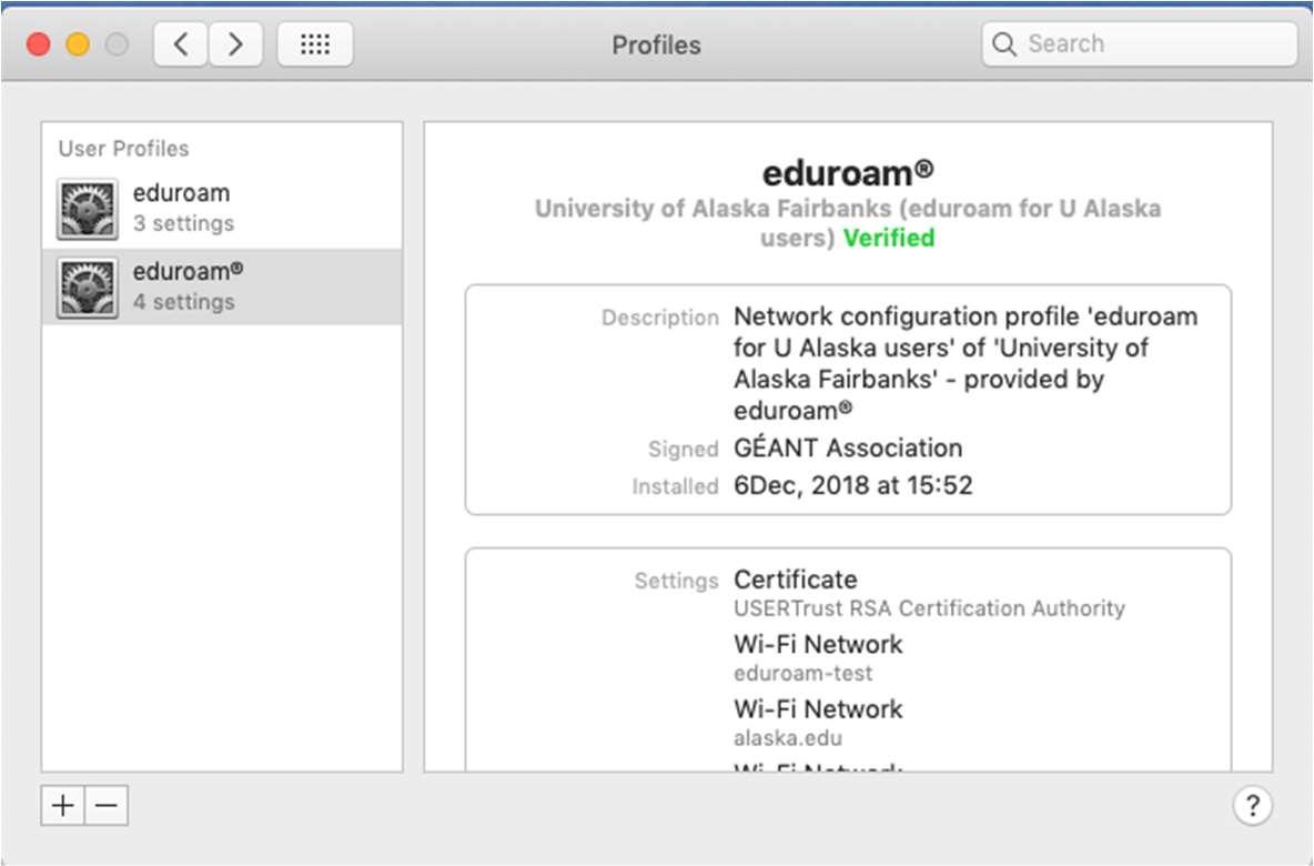 Profiles menu with two panes, the left pane contains two items with the eduroam name and logo. Buttons for plus and minus signs are on the bottom left. The right pane is information about the eduroam profile.