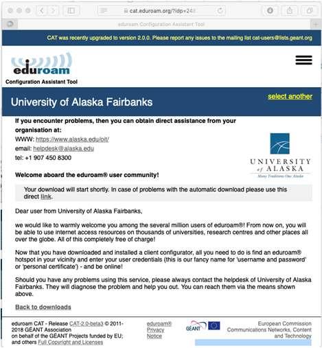 A welcome message for downloading the eduroam profile. A light grey box explains that your download will start shortly, and also provides a direct download link.