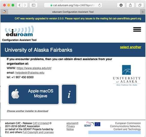 The webpage at cat.eduroam.org. Below two blue headings is a blue button with the apple logo and text reading Apple macOS Mojave. Next to it is a smaller blue button with a lowercase i.