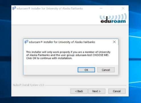 Popup explaining that you must be a member of the University of Alaska Fairbanks and a user of the specified group. A blue highlighted OK button is below the message, next to a cancel button on the right.