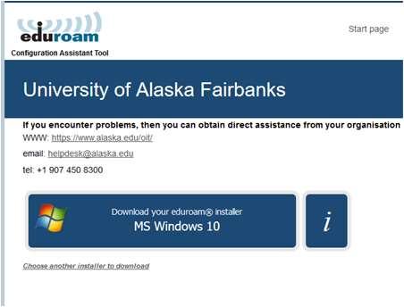 Two blue buttons are underneath a large blue heading reading University of Alaska Fairbanks with the eduroam logo above it. The longer blue button reads Download your eduroam installer MS Windows 10. A small button is to its right with a lowercase i.