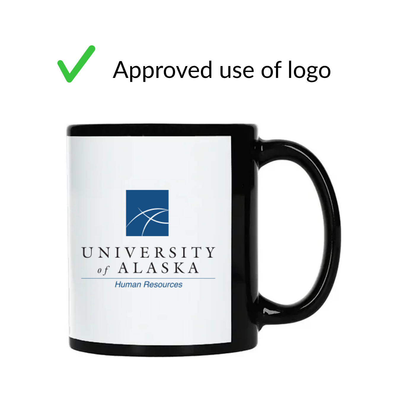 a black mug that has the UA logo on it