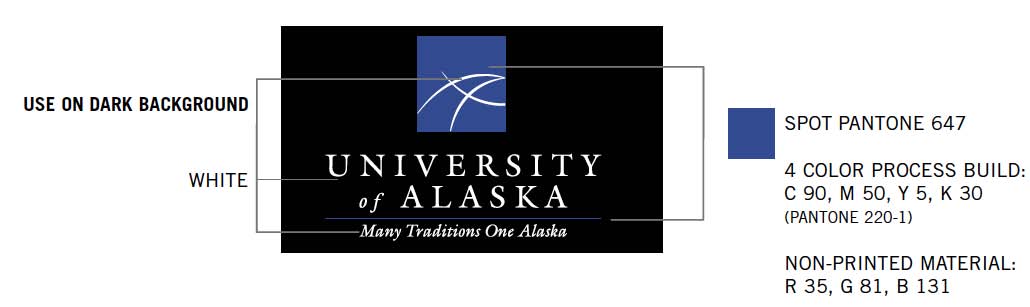 Logo colors on black background white text for University of Alaska and tagline - pantone 647 blue for icon and rule line