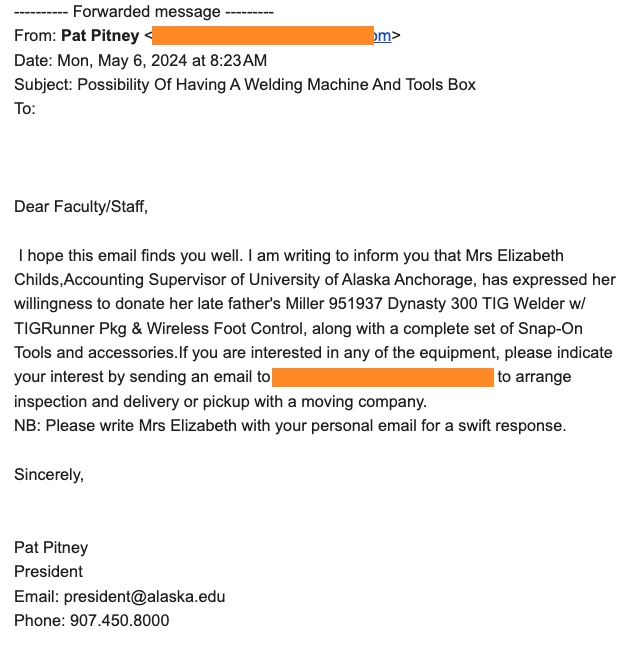 image of an email offering a free TIG welder