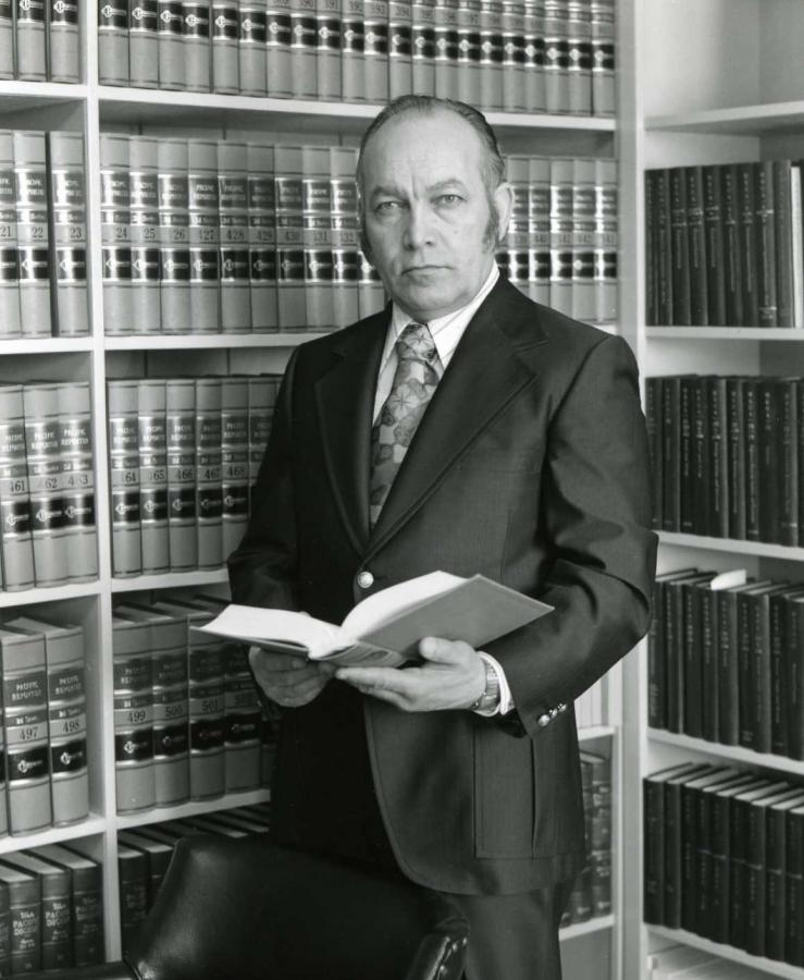 Roy Madsen in his Kodiak law office, circa 1970. Photo Courtesy of: Roy Madsen Joint Archives of the Alaska Court System and the Alaska Bar Association