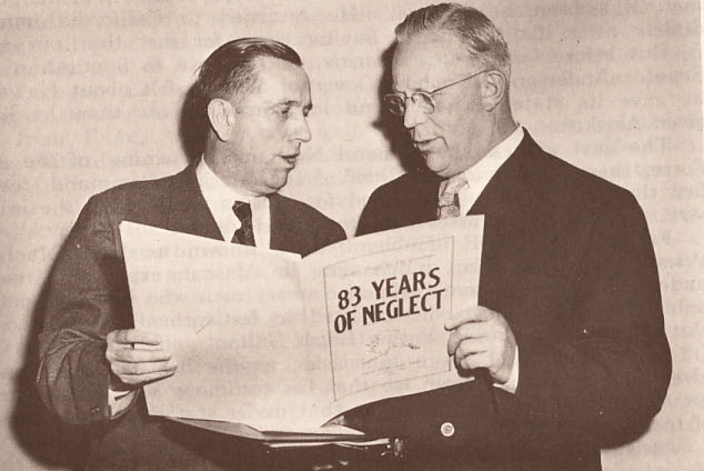 Secretary of the Interior Oscar Chapman and California Governor Earl Warren review "83 Years of Neglect" by Evangeline Atwood. The piece detailed the federal government's role in maintaining Alaska's colonial status. The Alaska Statehood Committee commissioned the work for federal hearings on Alaska statehood in 1950.