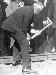 President Harding drives in the spike on the Alaska Railroad. Photo: Alaska's Digital Archive