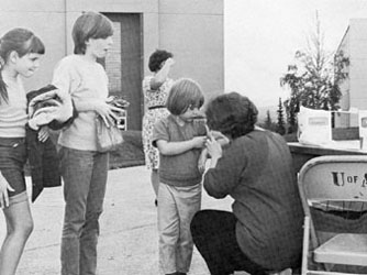 Typhoid shots were given at an inoculation center in Memorial Plaza. The health concerns became the responsibility of the Health Center. Local doctors and nurses volunteered their services.