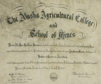 The first diploma handed out by the Alaska Agricultural College and School of Mines to John Shanly. Photo: UA Public Affairs files