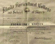Flora Harper's 1935 graduation certificate signed by Andrew Nerland, Mrs. Luther Hess and President Bunnell. Photo: Interior Aleutains Campus, Harper Building
