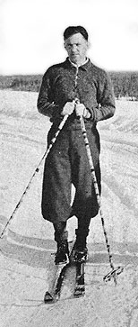 Ivar Skarland rests as he was typically seen- on his skis. Photo from UAF yearbook, Denali, 1934-1935