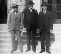 Photograph of George McKay, George Parks, Territorial Governor, and Luther Hess, taken on the steps of the Federal Building in Juneau, Alaska. Photo from Rasmuson Library, Charles E. Bunnell Collection