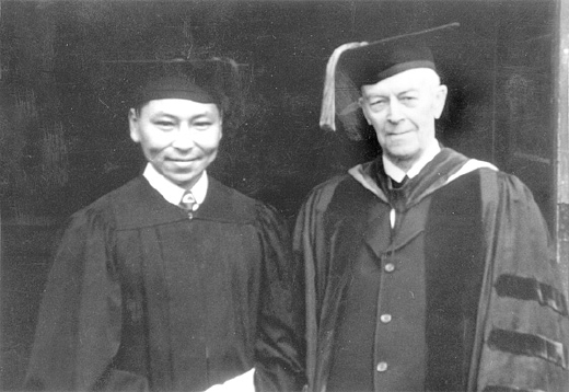 Arthur Nagozruk Jr., the first Alaska Eskimo to graduate from the University of Alaska, and President Charles Bunnell leave the gymnasium at the close of the 1949 commencement exercises. Photo: UAF Archives