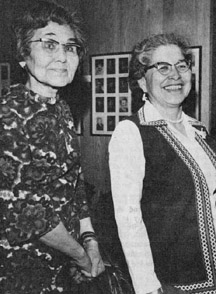 Emily Ivanoff Brown and Poldine Carlo meet up at a March 1973 meeting of the Tanana-Yukon Historical Society. Photo by Charley Mayse, Daily News-Miner
