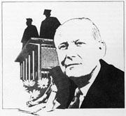 Line drawing of Dr. Wood with the Fine Arts Complex behind him.