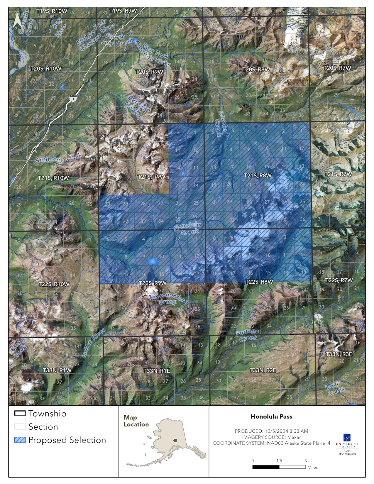 Map depicting the proposed selection of approximately 58,893 acres of the lands at Honolulu Pass. Map depicting the proposed selection of approximately 58,893 acres of the lands at Honolulu Pass.