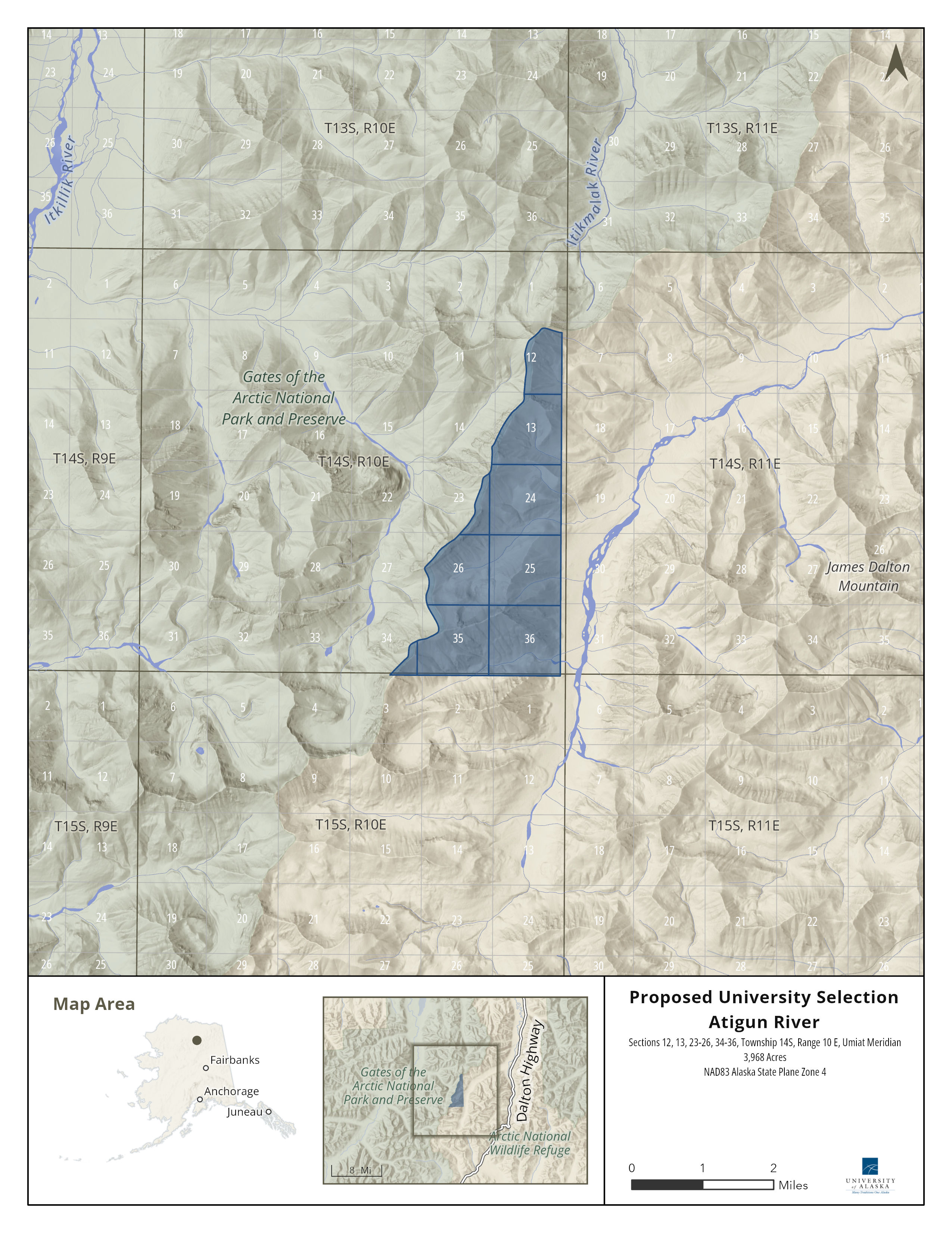 Map depicting the proposed selection of 3,968 acres of the lands for Atigun River Map depicting the proposed selection of 3,968 acres of the lands near Atigun River
