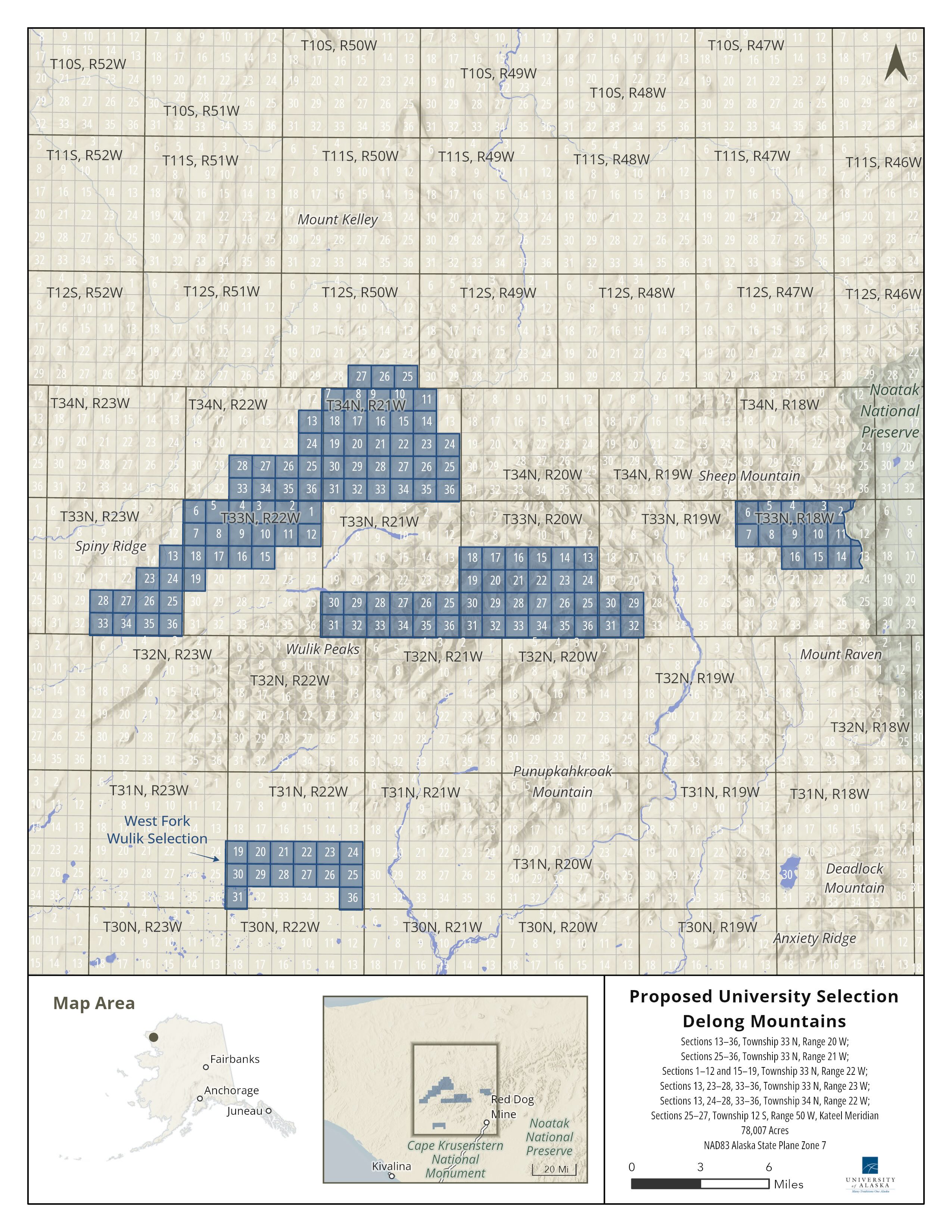 Map depicting the Delong Mountains proposed selection of approximately 78,007 acres